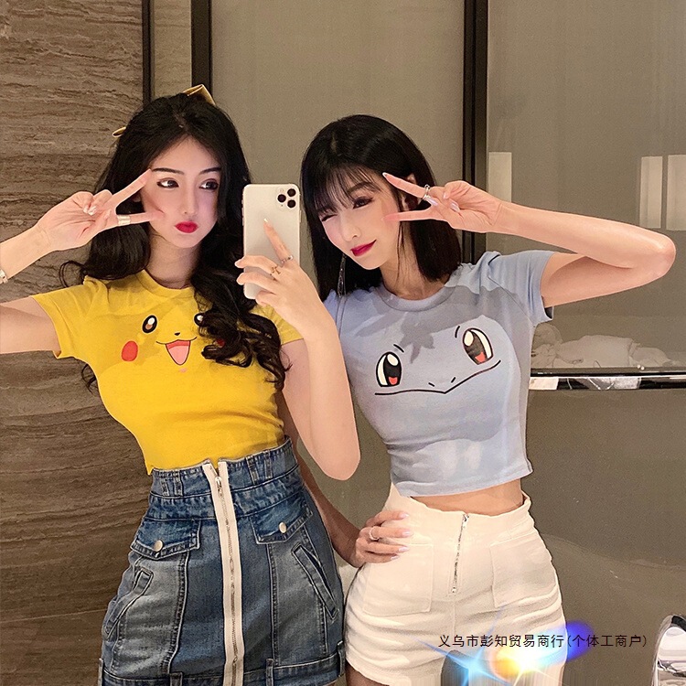 Summer Quirky Cute Short-Sleeve T-Shirt for Women, Internet Celebrity Style, Cartoon Short Crop Top, Tight-Fitting, Best Friend Outfit