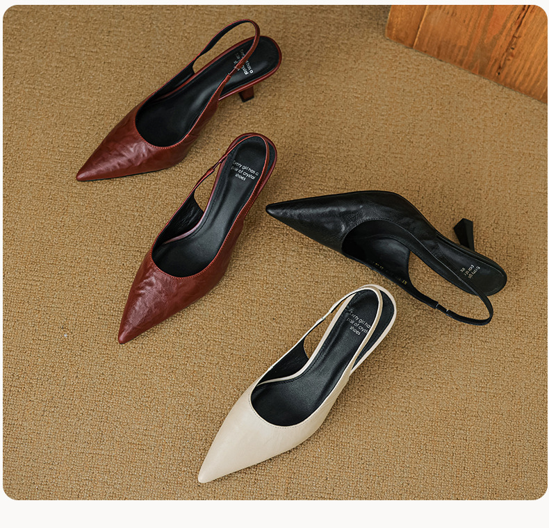 Sandal cao gót nữ mũi nhọn hở gót, da cừu, phong cách Hàn Quốc đơn giản — đen chi tiết 3