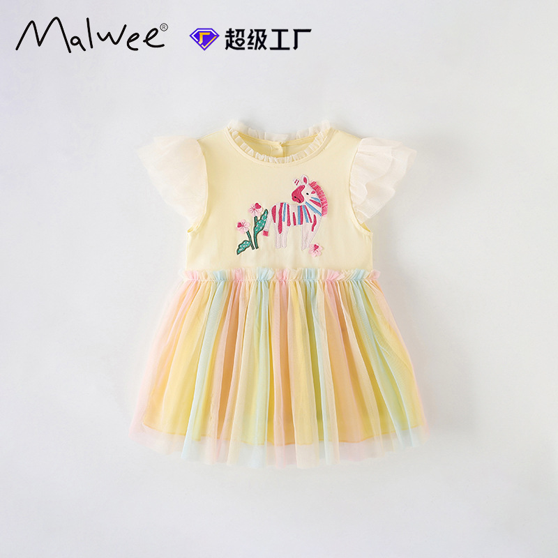 Vestido de princesa de niña malwee transfronterizo nuevo estilo de verano vestido de niños pequeños y medianos europeos y americanos con cuello redondo lindo estampado