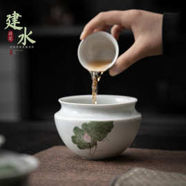 影青手绘莲花茶缸陶瓷茶洗小号茶渣缸杯洗水洗建水功夫茶道配件