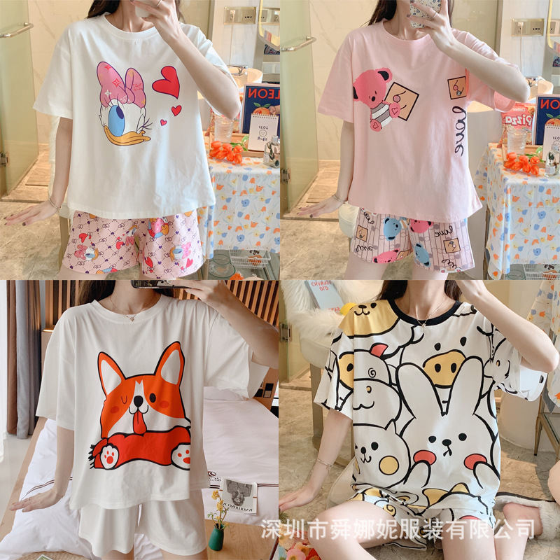 卡通韩版2021新品夏季睡衣女短袖短裤棉学生大码可外穿家居服套装