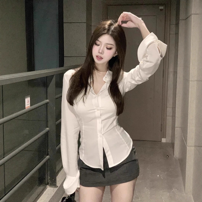 French-Style Spicy Girl White Flared Long-Sleeve Shirt Women's Spring and Autumn Design Niche Waist-Cinching Shirt Slim Top French-Style Spicy Girl White Flared Long-Sleeve Shirt Women's Spring and Autumn Design Niche Waist-Cinching Shirt Slim Top