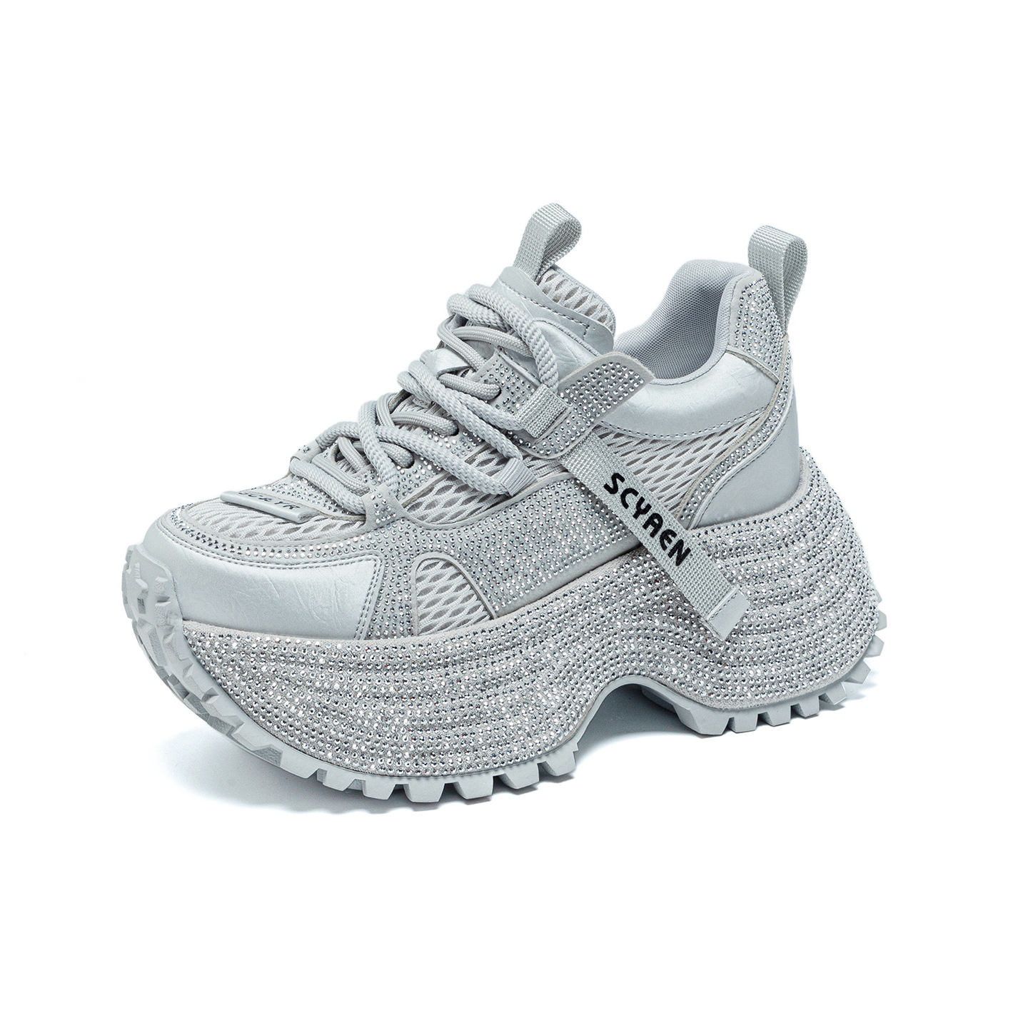 Giày sneaker nữ chunky đế dày phối đá pha lê cao cấp — Xám 5031, Be 5031