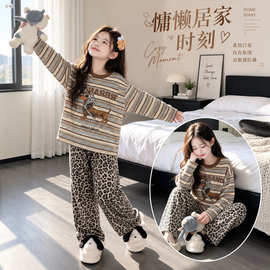 女童美式长袖睡衣秋季卡通可爱小狗少女豹纹长裤舒适家居服大童套