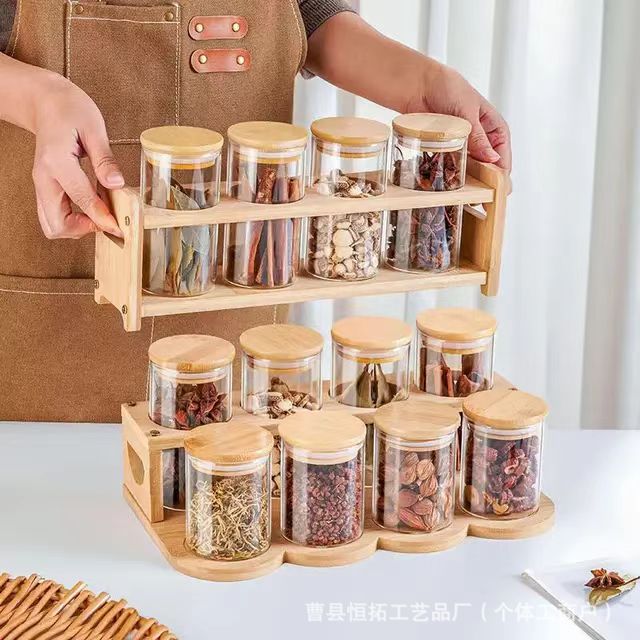 Tablero de bambú estante de especias de cocina gran material botella de condimento estante de almacenamiento madera sólida tres capas lata de sellado botella de vidrio estante de acabado
