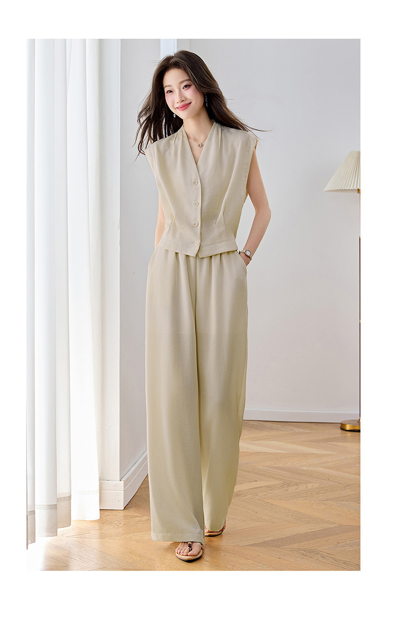 Bộ vest nữ hai dây phối quần ống rộng — màu kaki, màu trắng ngà, màu cà phê chi tiết 26