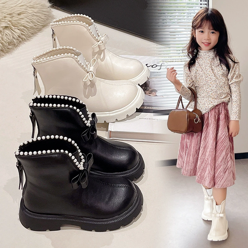 Женская обувь Martin сапоги 2024 осень-зима новые детские дикие нескользящие сапоги бант круглая голова жемчужные хлопчатобумажные сапоги