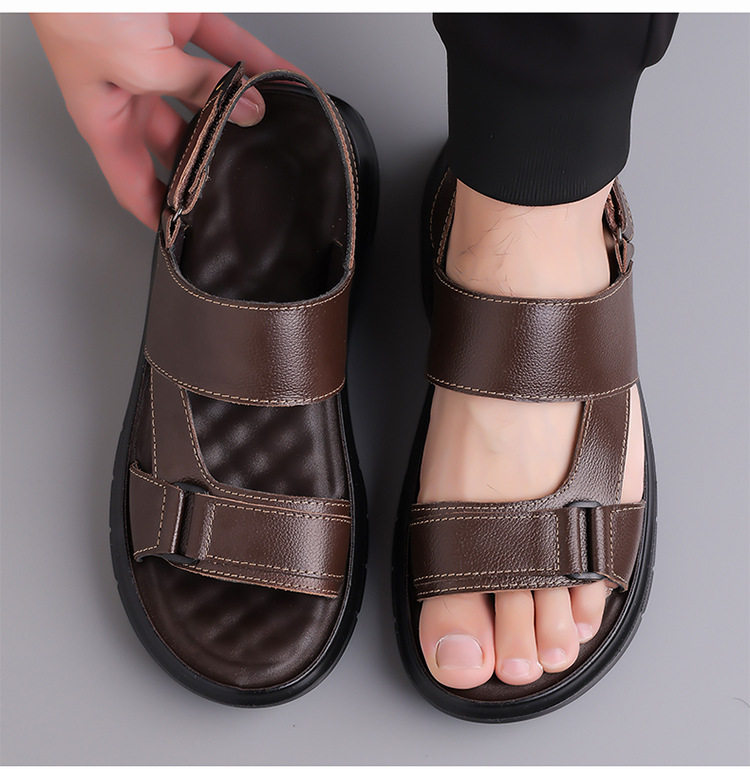 Dép sandal nam da bò đi biển quai dán đế dày mềm — Màu nâu, màu đen chi tiết 18