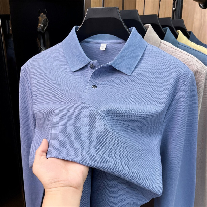 Hexagonal pure cotton pique long-sleeve polo shirt for men, 2026 autumn new style, turn-down collar, solid color, casual and breathable men's t-shirt Hexagonal pure cotton pique long-sleeve polo shirt for men, 2026 autumn new style, turn-down collar, solid color, casual and breathable men's t-shirt