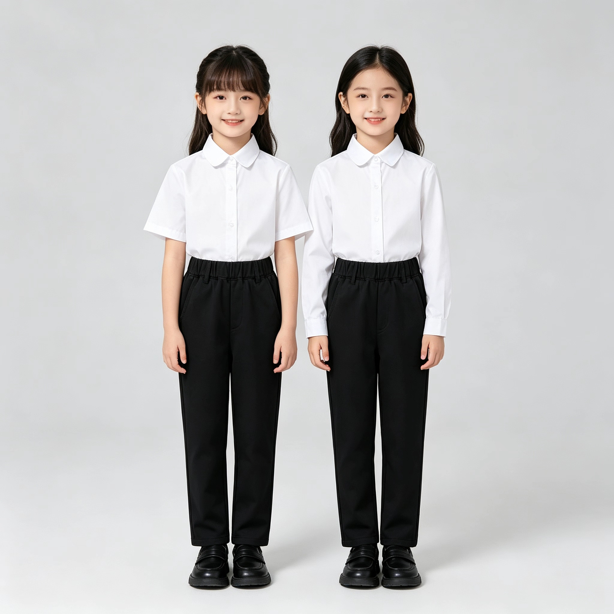 Students in white shirts and black trousers, boys with elastic waistbands, demonstrate the straight-leg school uniform trousers of primary and secondary school students.