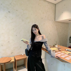 气质温柔风假两件设计格子拼接T恤女早秋新款甜辣妹修身百搭上衣