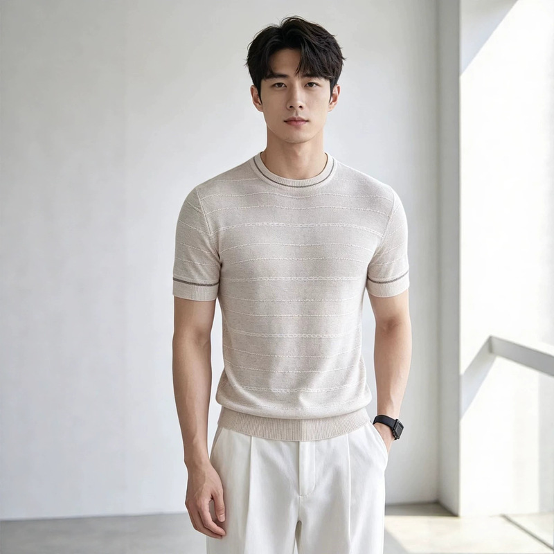 Knitted Short-Sleeve T-Shirt for Men with Fishbone Texture, Hollow-Out Design, Business Style, Ice Silk, Summer, Cross-Border Factory Wholesale, Linen