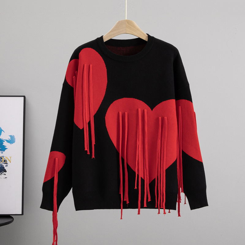 Soft and Cozy Women's Sweater for Autumn and Winter, Soft Round Neck with Tassels, Heart Design, Loose and Lazy Style, Fashionable Knitted Top