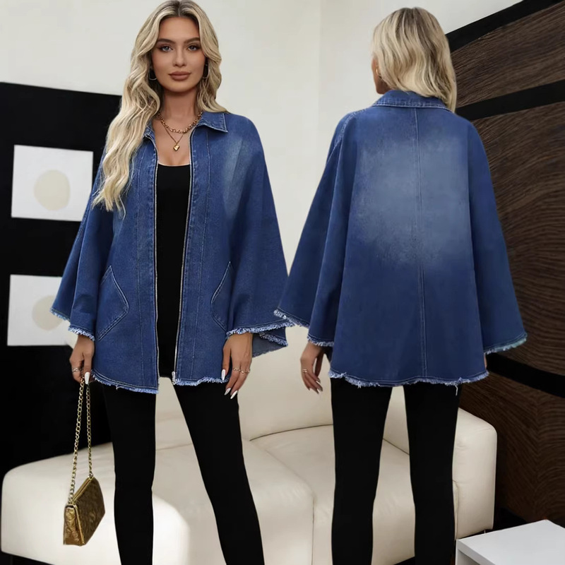 European and American Cross-Border Denim Jacket Tops Amazon Autumn and Winter Women's Fashion Loose Lapel Batwing Sleeve Jacket