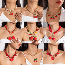 欧美跨境 时尚夸张亚克力大珠子项链 简约个性合金樱桃吊坠项饰女