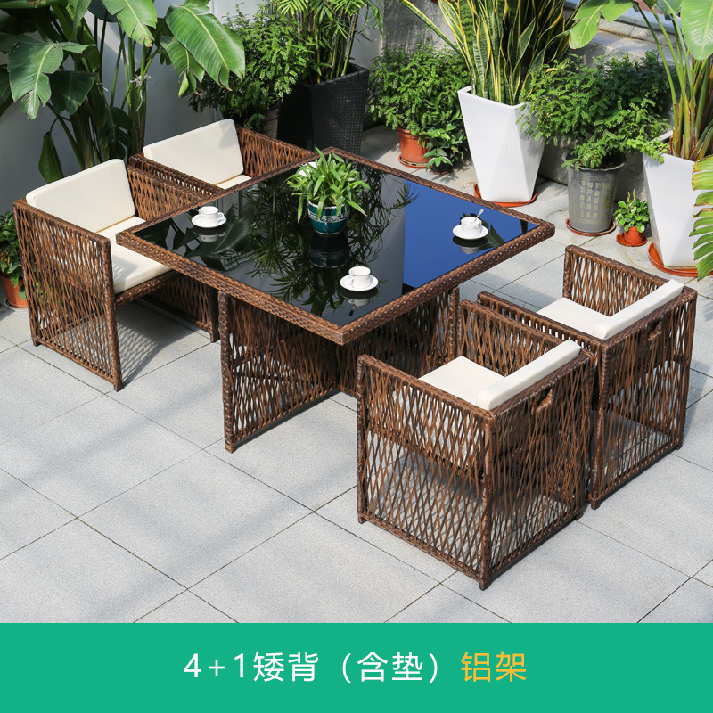 Silla de mimbre al aire libre combinación terraza de ocio balcón silla de ratán patio al aire libre mesa y silla con respaldo impermeable y protector solar