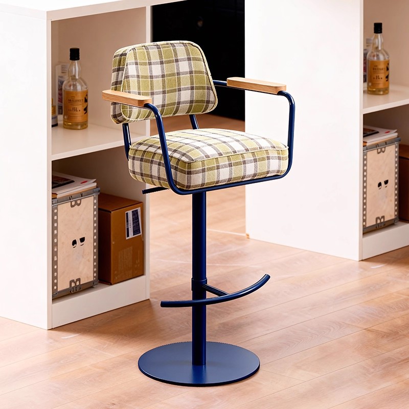 Retro Style Liftable Rotating Bar Chair Living Room Bedroom Home High Chair Leisure Armchair Single Checkered Chair