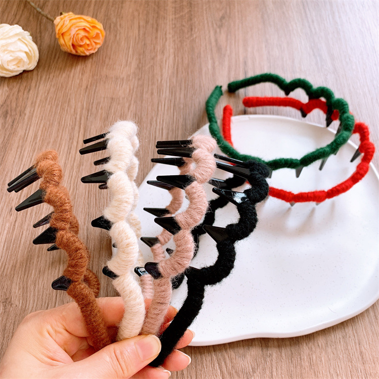 新款纏繞毛線帶齒波浪發箍不卡頭蓬鬆高顱頂頭箍女孩防滑壓發發卡