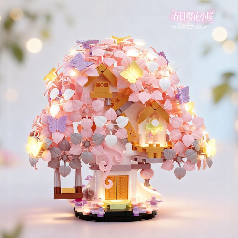 Cross-Border Cherry Blossom Rainbow Romantic Tree House Educational Building Blocks for Girls Valentine's Day Gift Children's Toy Cherry Blossom Tree