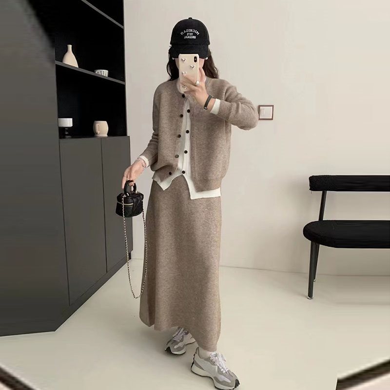 (2개) 한국식 캐주얼 하이 엔드 크루 넥 페이크 투피스 니트 카디건 하프 길이 원피스 세트 여성의 가을과 겨울 두꺼운 느슨한
