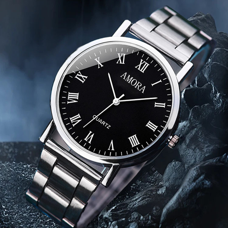9#-Silver Steel Belt Roman Black Surface