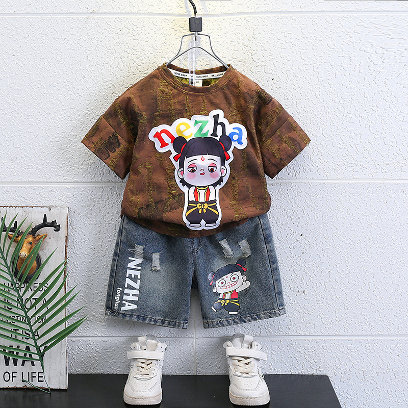 7233 Summer Nezha Clothing Traje de camiseta delgada para niños Jeans para niños Pantalones cortos para bebés Traje de dos piezas de manga corta 3