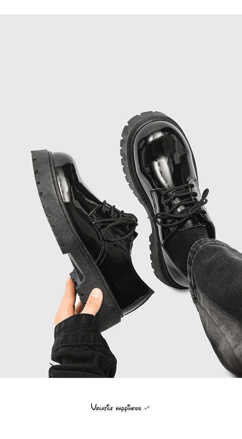 ShoeVault Casual Pelle Autunno Inverno Nuovo Nero Lucido Business Alluce Derby Niche Basso Suola Spessa Altezza Aumentante Uomo_voghion.com