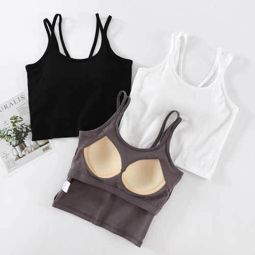 Women's versatile bra-free camisole with breast pads, back-beautiful bottoming, inner cup integrated navel-baring short top