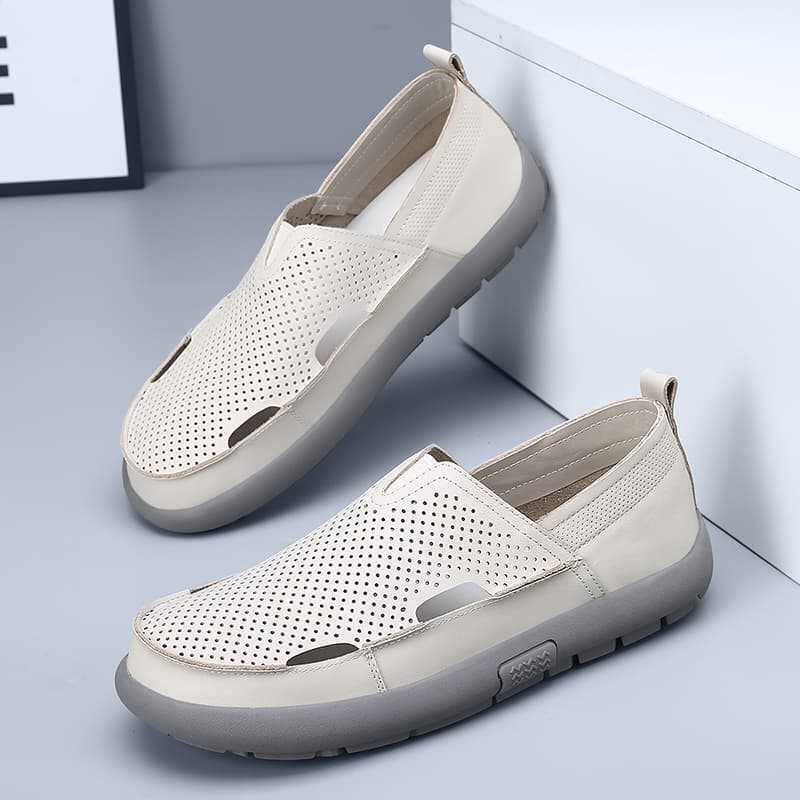 Dép sandal nam da bò đế bằng mũi tròn kiểu lười thoáng khí, đế cao 1 cm — Trắng CB9926-2, Đen CB9926-2