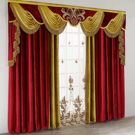 美式法式奢华窗帘别墅卧室绒布刺绣红色高档欧式宫廷风遮阳拼色
