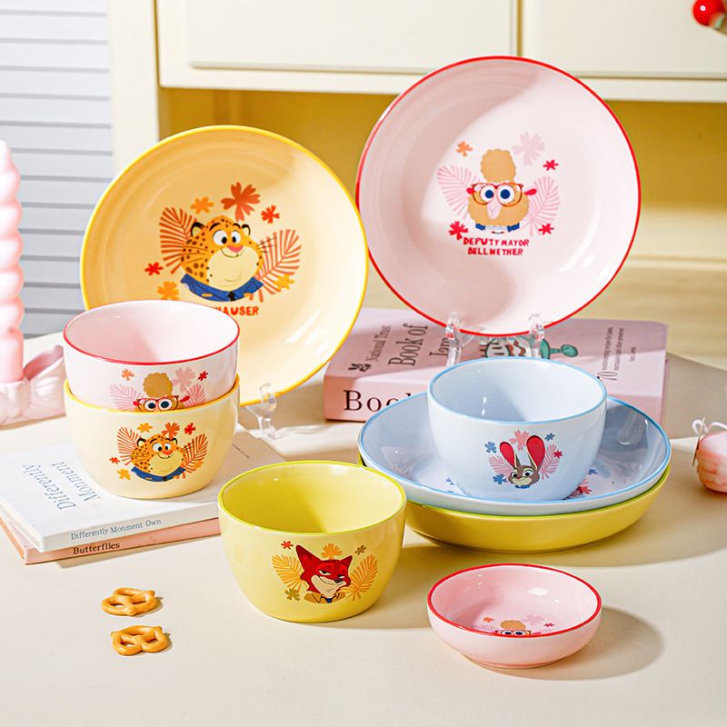 Disney Zootopia ceramic bowl and plate set, household cartoon tableware, children's bowl and plate, microwave safe