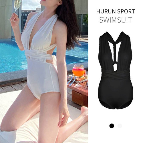 White sexy ribbon beauty back hot spring swimsuit for women, fairy style Korean Instagram small bust covering belly slimming vacation.