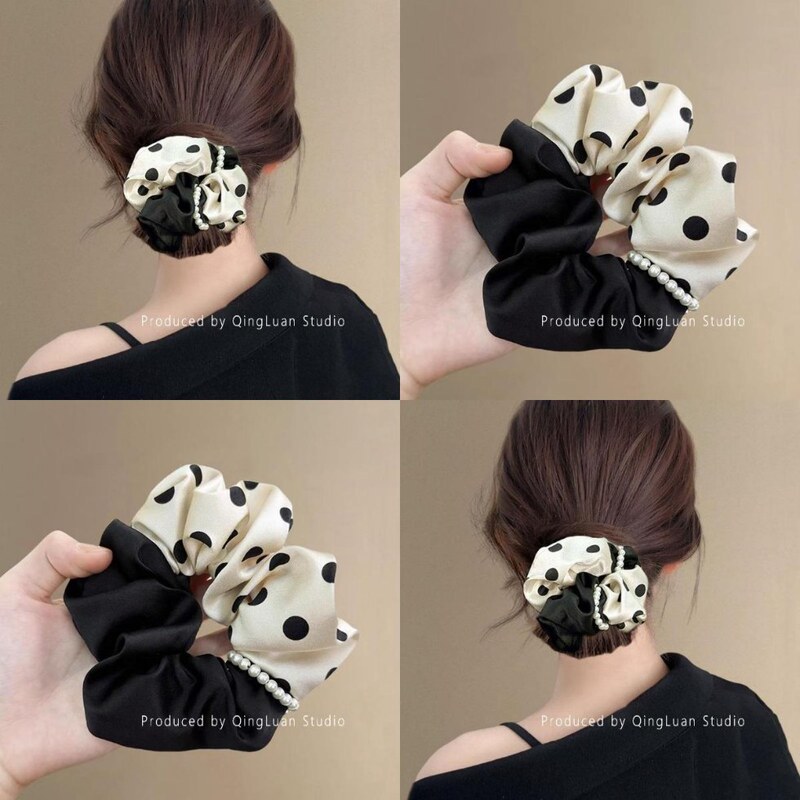 Hepburn Polka Dot ~ Retro Polka Dot Bead Chain Scrunchie for Women, High-End Bun Hair Tie, Travel Hair Accessory Hepburn Polka Dot ~ Retro Polka Dot Bead Chain Scrunchie for Women, High-End Bun Hair Tie, Travel Hair Accessory