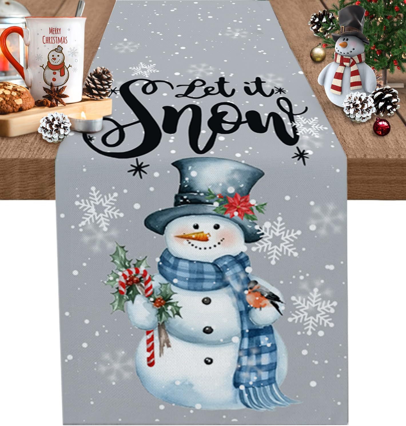 Transfronterizo 2024 Amazon nuevo invierno Navidad muñeco de nieve flocos de nieve lino tabla bandera de mesa mesa mesa de comedor bandera de té image 13