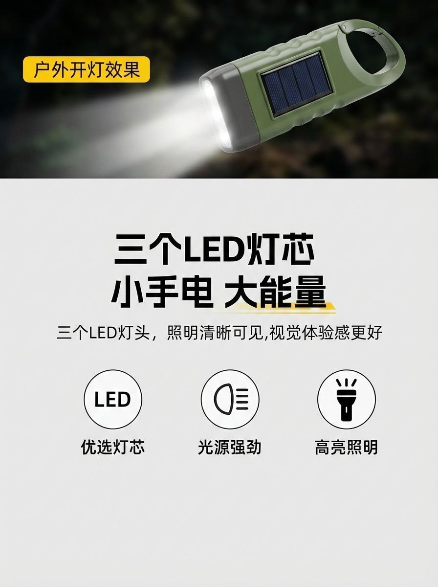 War Preparedness and Emergency Multifunctional Solar-Powered Hand-Cranked Flashlight with Strong Light, Rechargeable Outdoor Disaster Prevention Emergency Lighting
