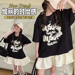 女童兩件連衣裙2024夏裝新款夏季中大童韓版甜美假兩件短袖裙子潮