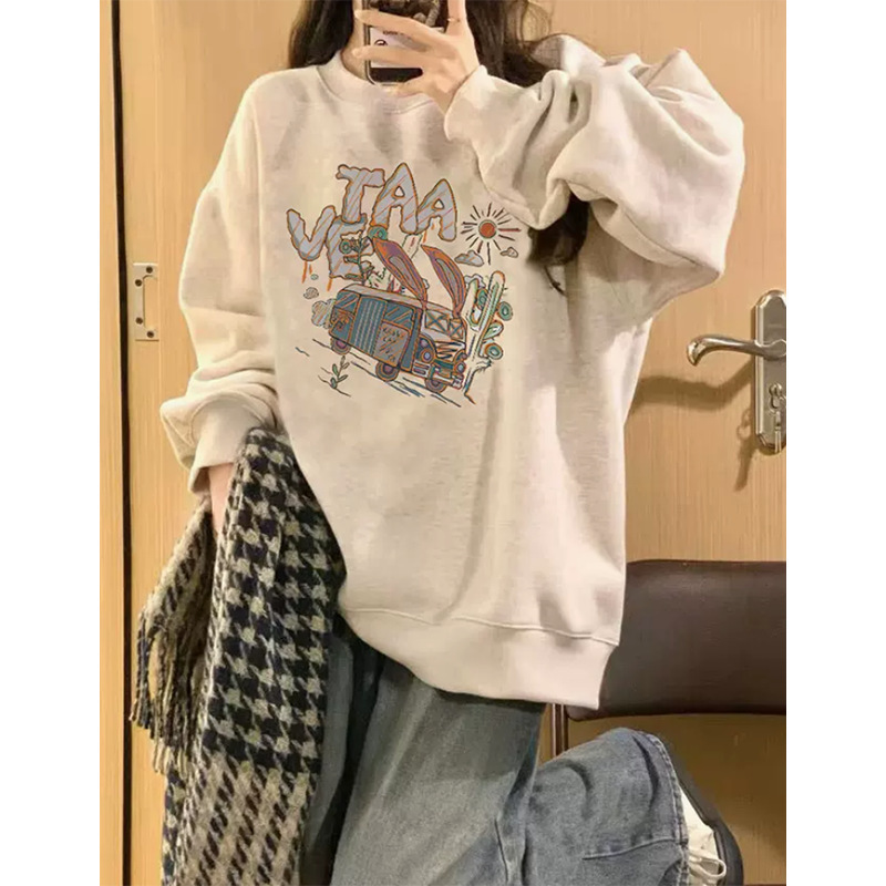 美式慵懒chic无帽卫衣女春秋薄款oversize宽松外套小个子圆领上衣|undefined
