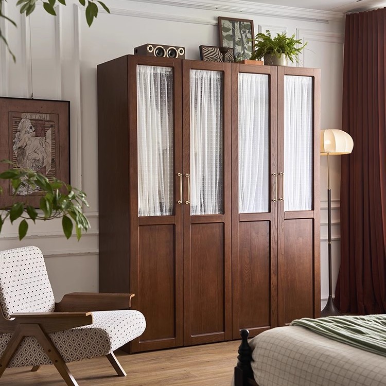 French-Style Solid Wood Wardrobe for Home Use, Small Apartment Double-Door Glass Closet, Bedroom Vintage Storage Cabinet