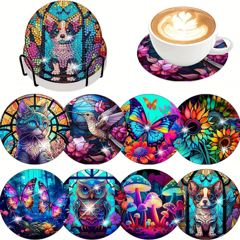 Ventas transfronterizas calientes de 8 piezas de conjunto de cojín de taza de arte de diamante, con soporte, pequeño conjunto de pintura de diamante, adecuado para adultos