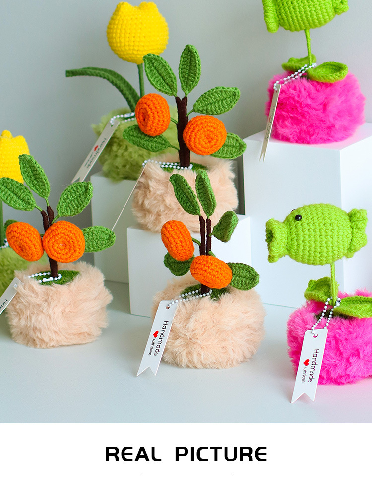 Hand-woven artificial flowers made of wool, potted tulips, oranges, preserved flowers, high-end festival business gift ornaments pic 6