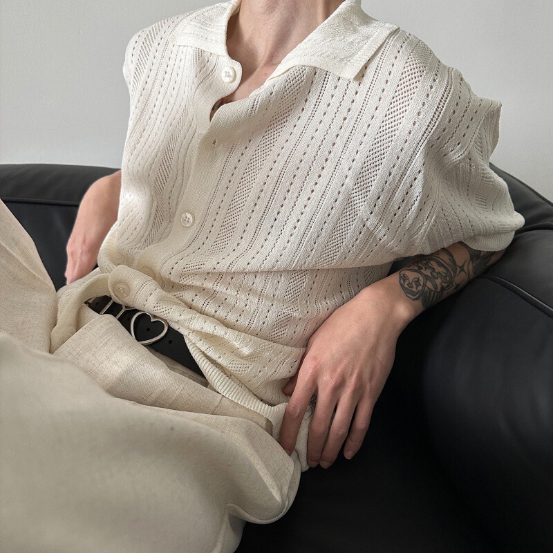 American Style Retro Hollow Lapel Short-sleeved Knitwear Men's and Women's Fashionable Loose Lazy Lace Shirt Cardigan Top Trendy