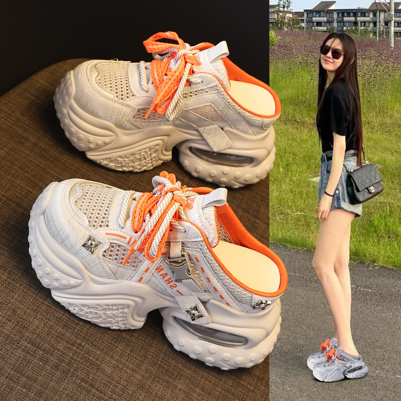 Dép lưới trùm đầu nữ đế dày tăng chiều cao phong cách giày bánh xốp 2026 — màu cam, Xanh lá cây nhạtcolor