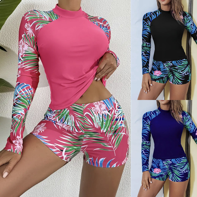 Langxin 2026 New Cross-Border European and American Tropical Plant Print Splicing Long-Sleeved Competition Suit Surfing Suit Split Swimsuit