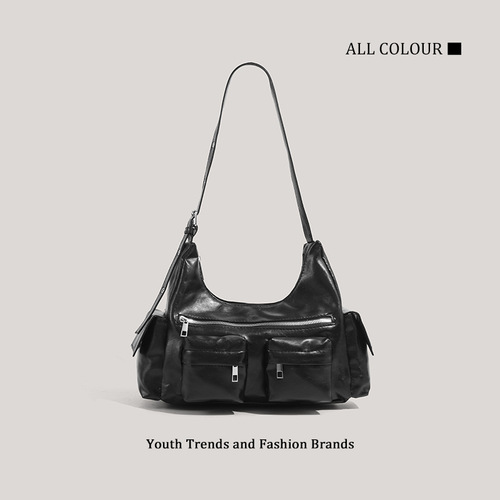 CHARHP&KEJNT High-End Motorbike Style Unisex Shoulder Bag with Detachable Strap, Multiple Pockets, Hand-Holdable Fashion Bag