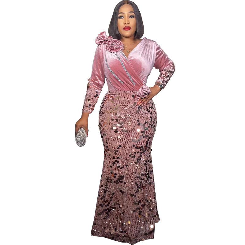 Damenbekleidung Mode schlanke Samt Pailletten Abendkleid Kleid_voghion.com