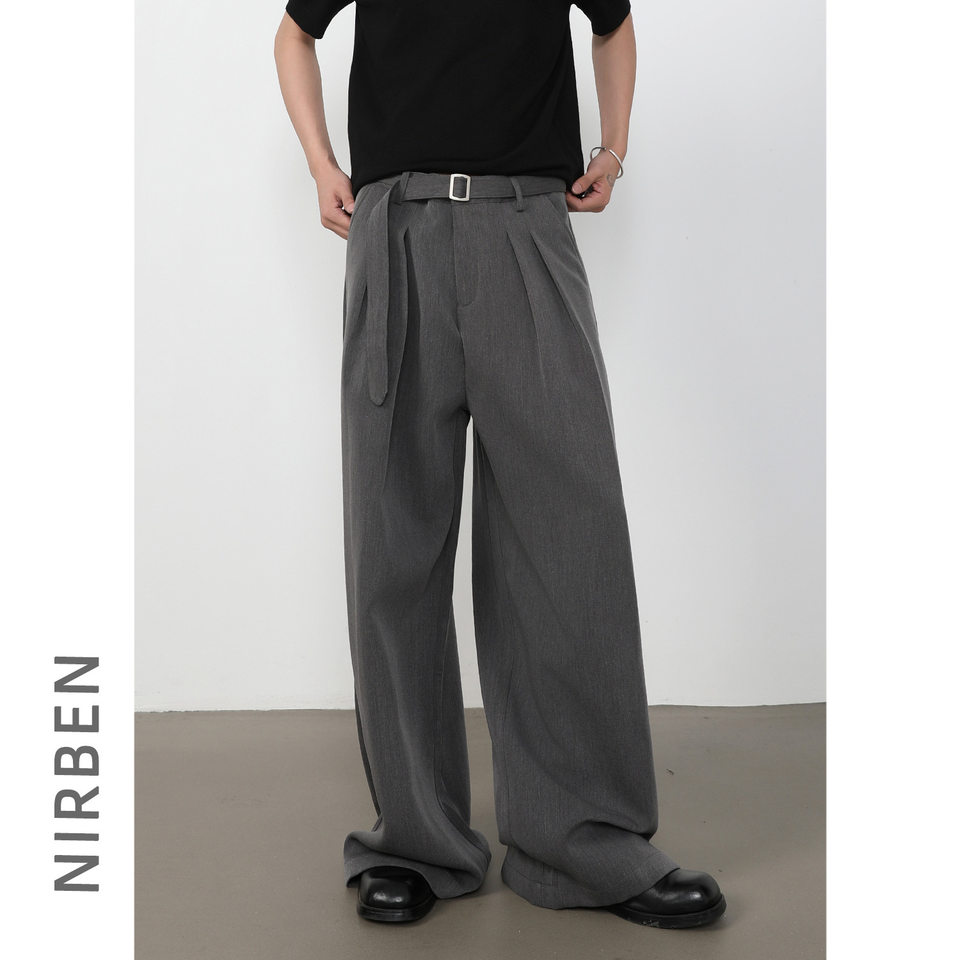 Quần tây nam dáng chữ A xếp ly đôi, cắt may 3D, vải rủ màu trơn, quần dài casual — màu xám, màu đen