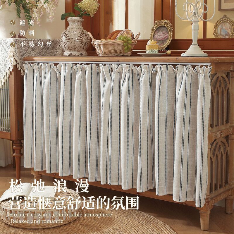 Ins-style plain blue striped drawstring curtain, no drilling required, comes with hooks, for covering clutter in the kitchen or wardrobe