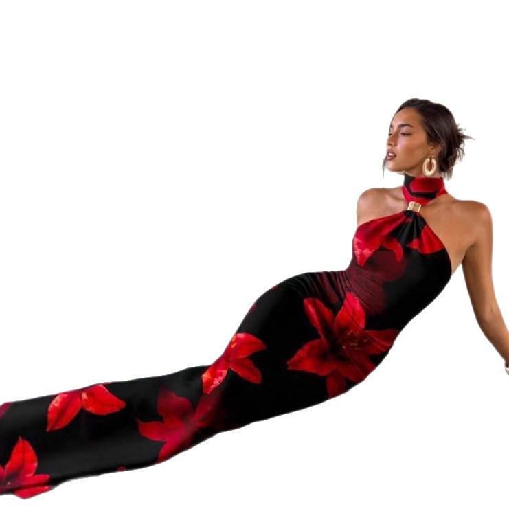 Summer Fashion High Neck Off Shoulder Floral Print Dress For Women Elegant Slit Design American Style_ecoleips.com