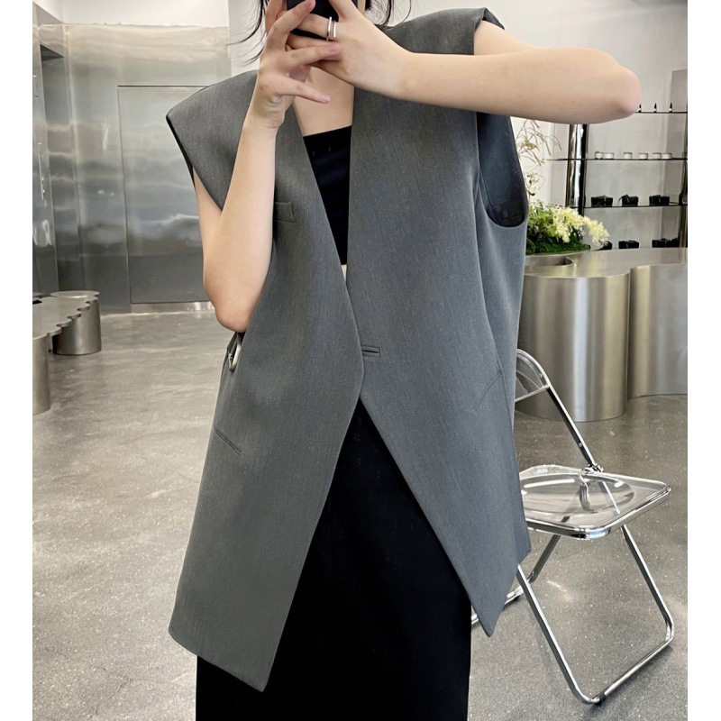 Cross-Border Spring and Summer New Design Collarless Vest Suit Jacket for Women, Korean Style Loose Mid-Length Sleeveless Coat
