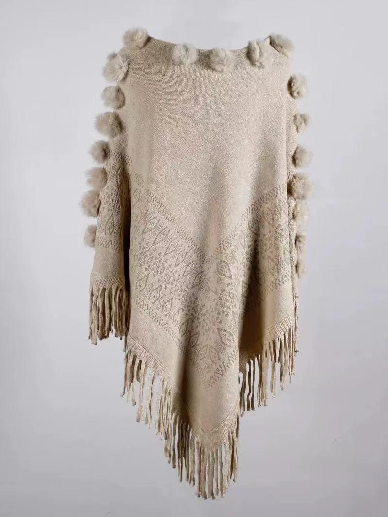 Cape à pompon en poils de lapin pour femme, pull à col rond_voghion.com